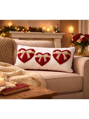 New Valentines Day Red Heart Love Beaded Decorative Holiday Pillow 23" X 12